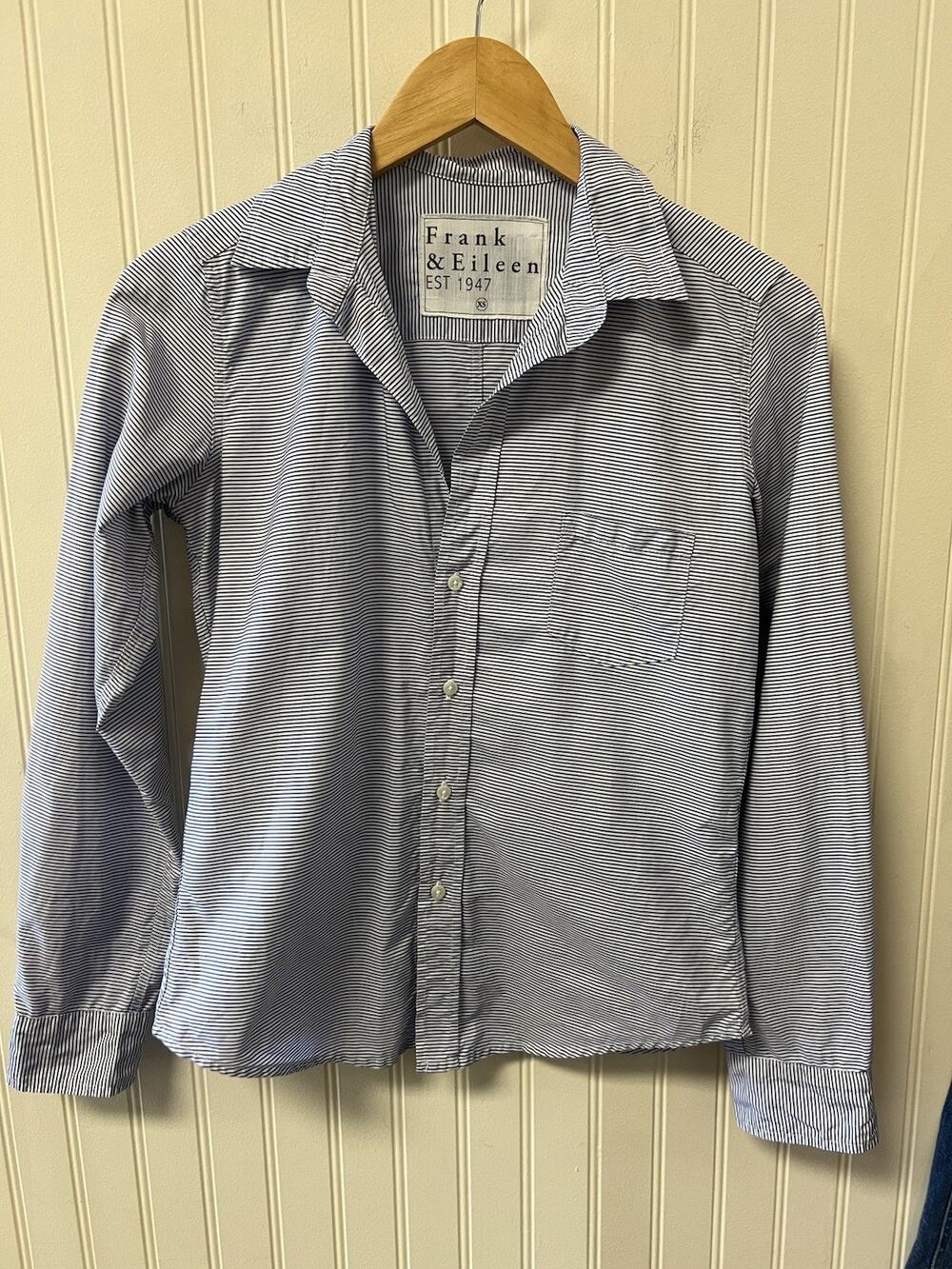 Frank & Eileen Womens White & Blue Barry Tailored Striped Button Up Small S